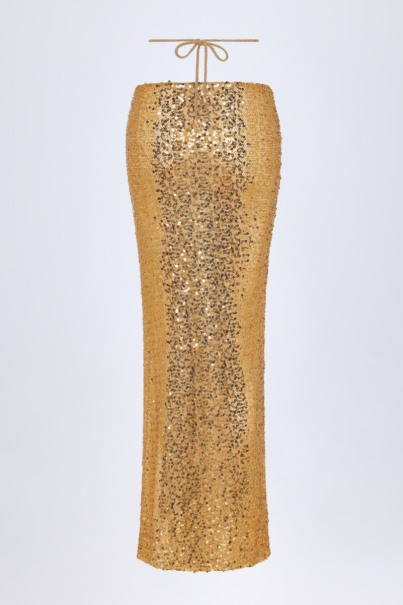 Embellished Hardware-Detail Strappy Maxi Skirt in Gold