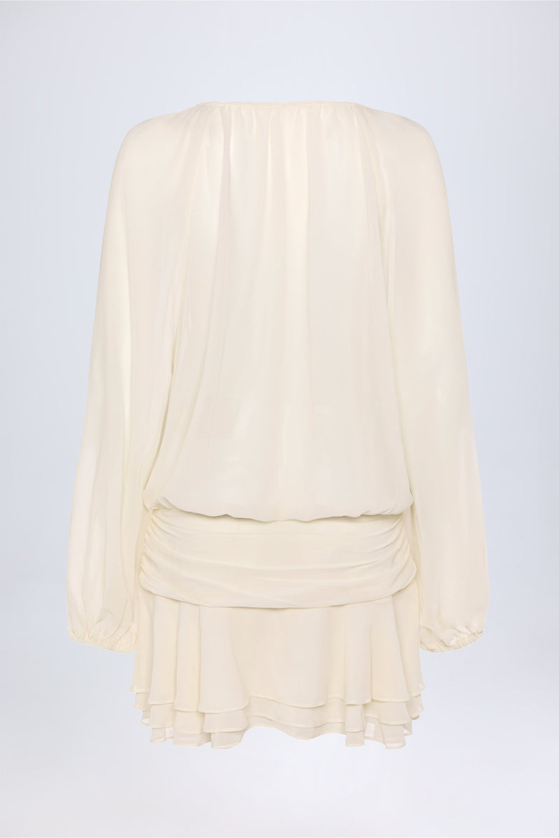 Lace-Up Balloon-Sleeve Mini Dress in Ivory