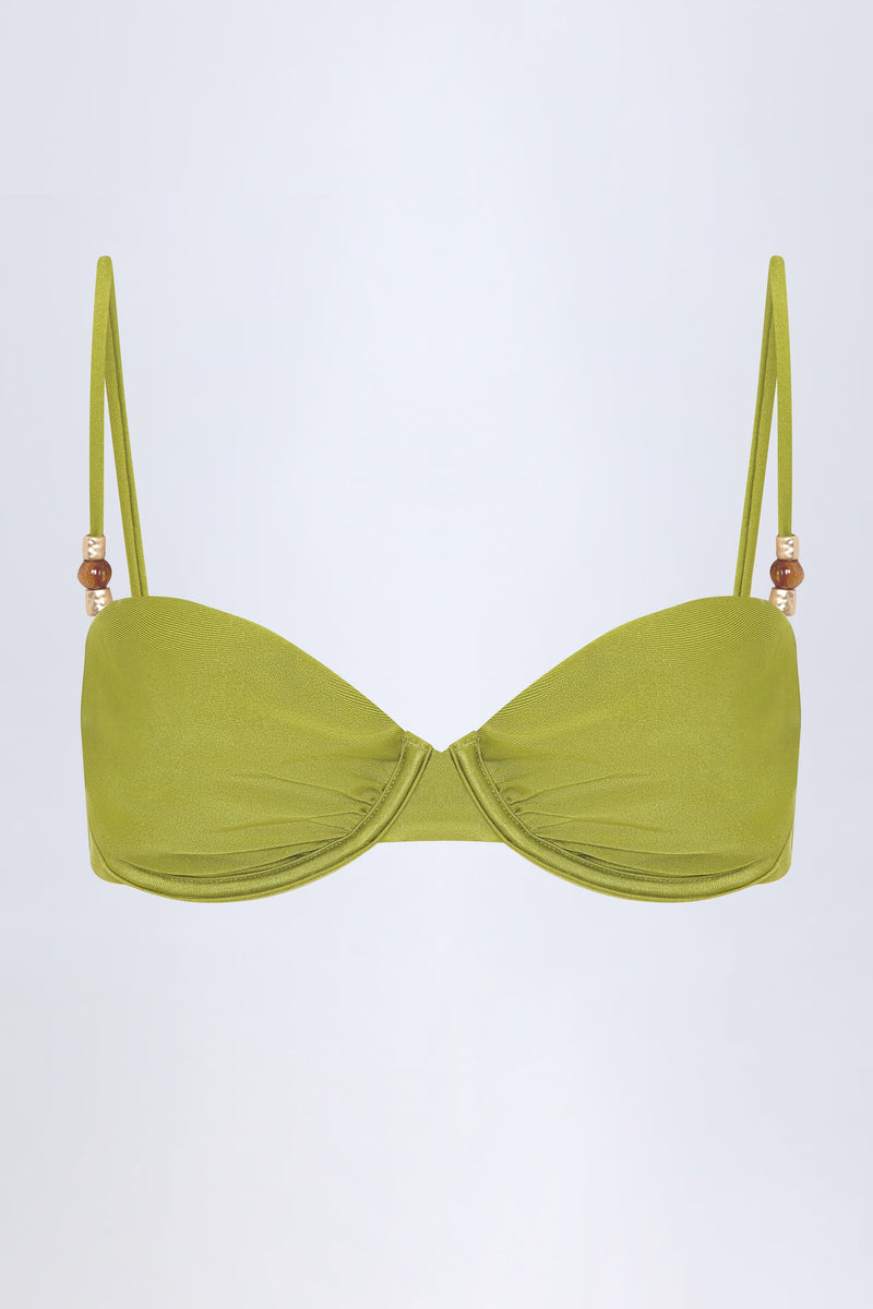 Bead-Embellished Ruched Underwired Bikini Top in Olive Green