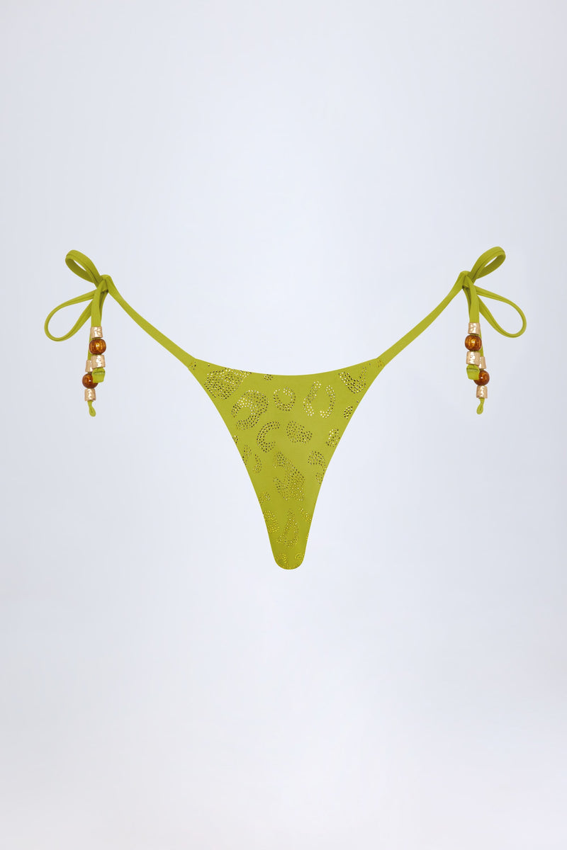 Side-Tie Bead Thong Bikini Bottoms in Olive Leopard Hotfix