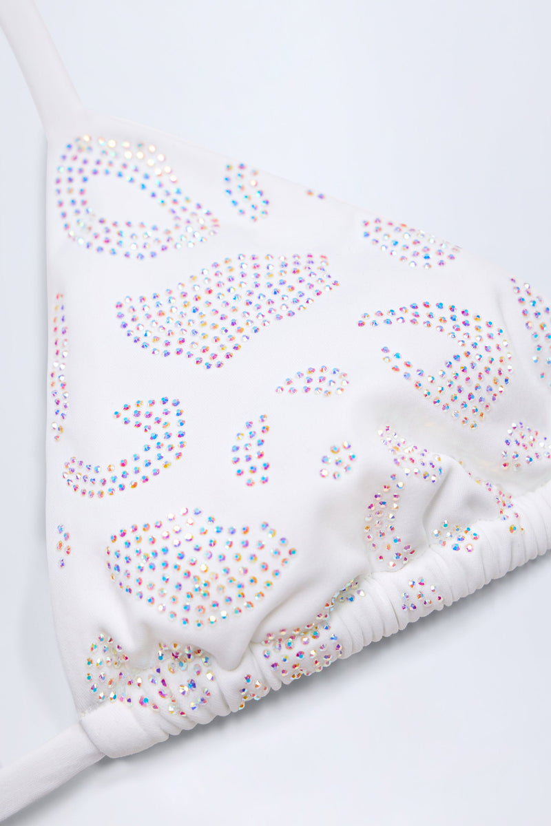 Bead-Detail Triangle Bikini Top in White Leopard Hotfix