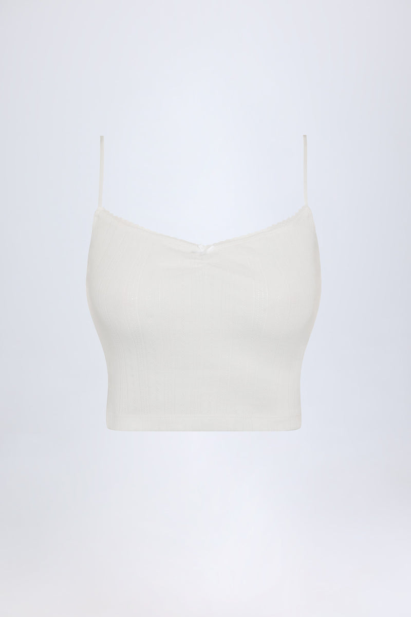 Pointelle Ruched Camisole Crop Top in White