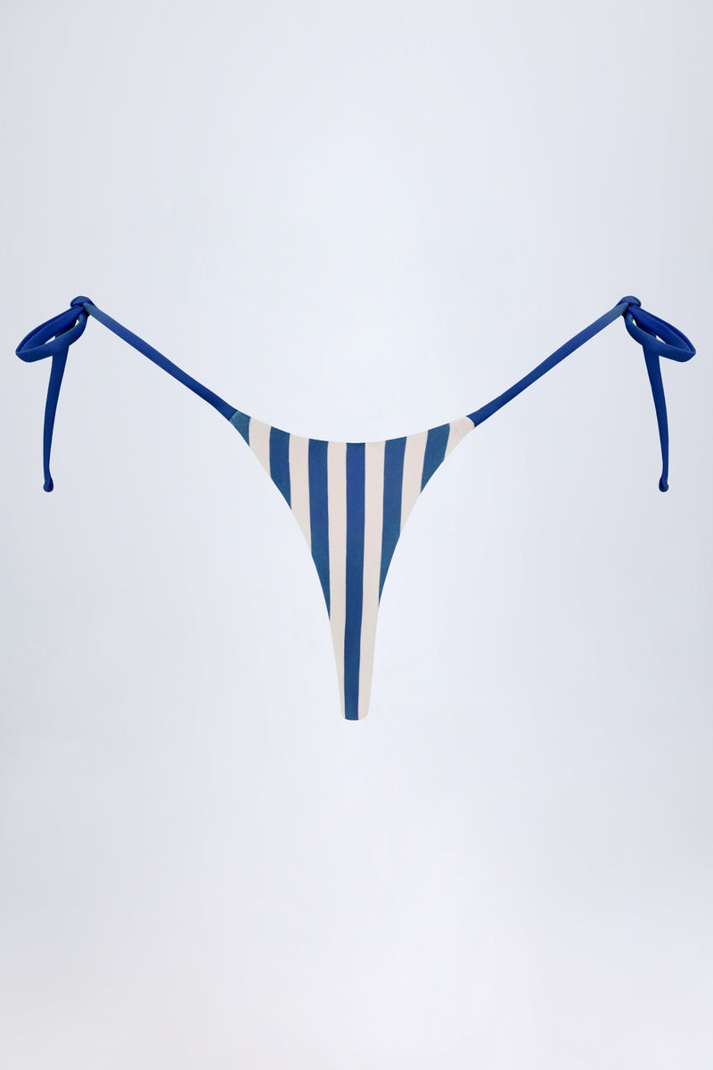 Side-Tie Thong Bikini Bottoms in Marine Blue Stripe