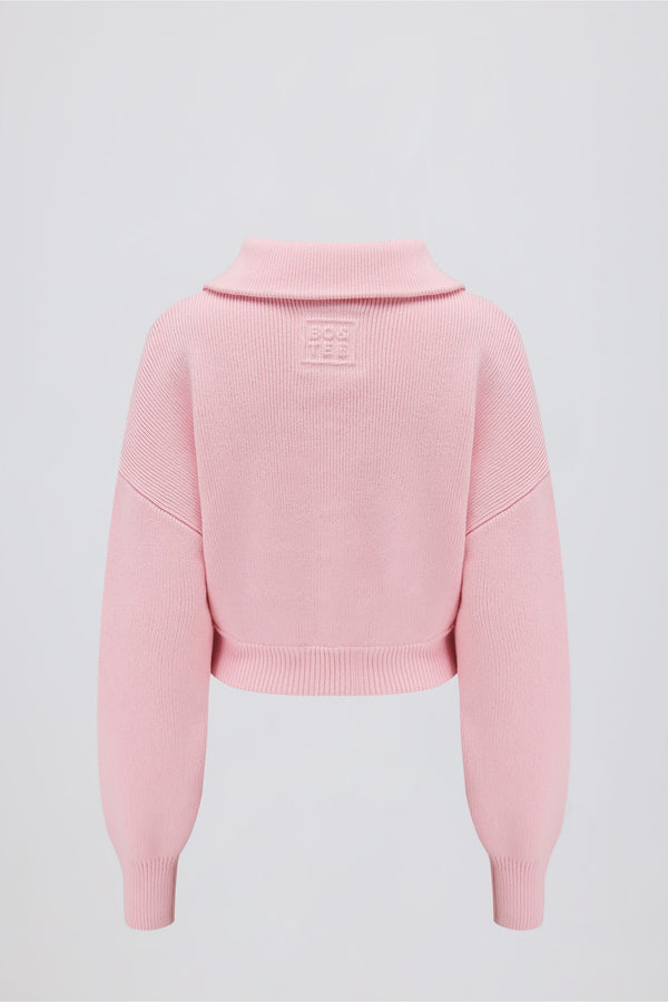 Ribbed-Knit Cropped Zip-Up Sweatshirt in Pale Pink