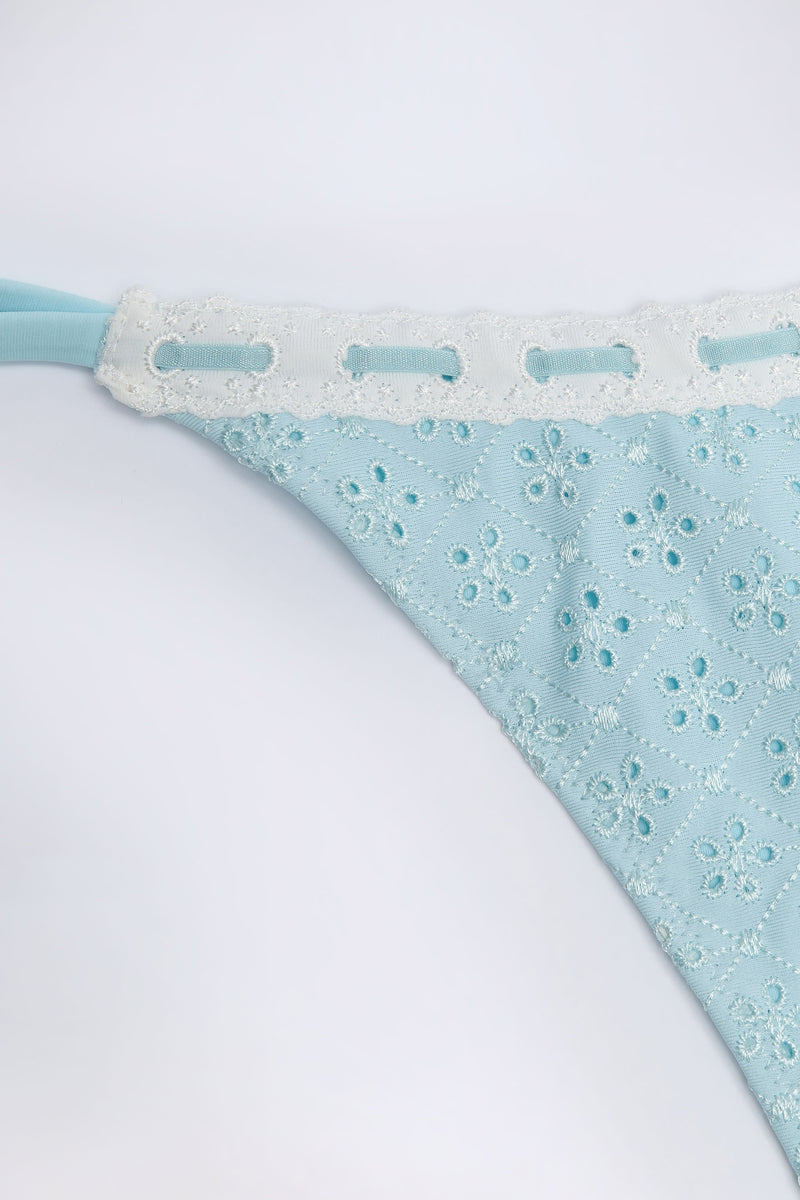 Broderie Anglaise Side-Tie Thong Bikini Bottoms in Powder Blue