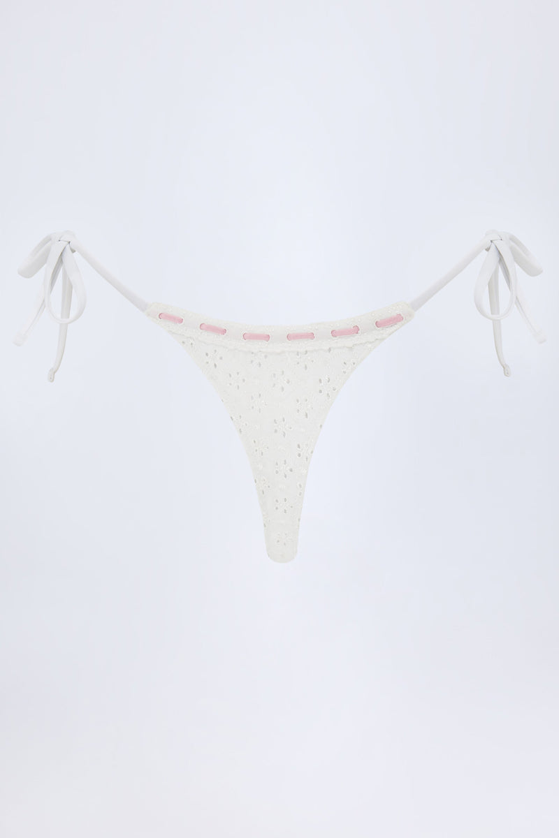 Broderie Anglaise Side-Tie Thong Bikini Bottoms in White